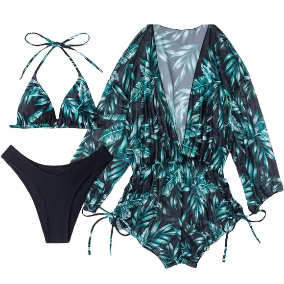 Women's 3 Piece Swimsuit Leaf Print Halter Drawstring Side Bikini Set & Cover Up - Picture 4 of 10